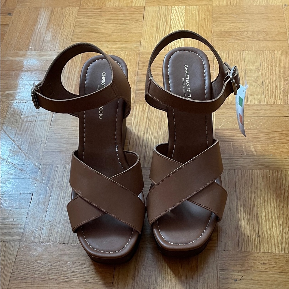 Brown Leather Crisscross Ankle-Strap Wedges